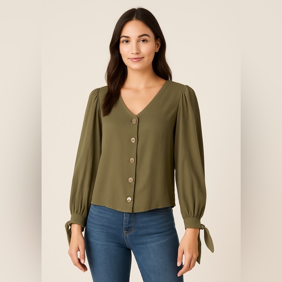 rockettes Tops - Rockettes Olive Button-Front Blouse with Puff Sleeves & Tie Cuffs | Size XS